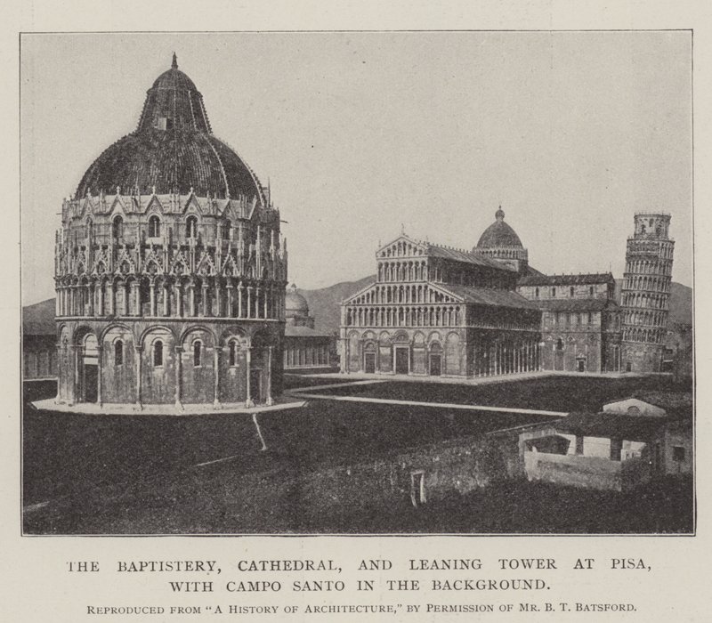 O Batistério, a Catedral e a Torre Inclinada de Pisa, com o Campo Santo ao fundo de English Photographer