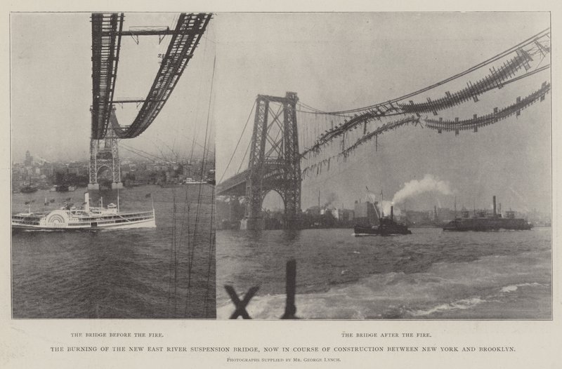 A queima da nova ponte suspensa de East River, agora em curso de construção entre Nova York e Brooklyn de English Photographer