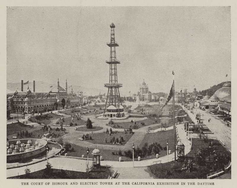 A corte da honra e torre elétrica na exposição de Califórnia no dia de English Photographer