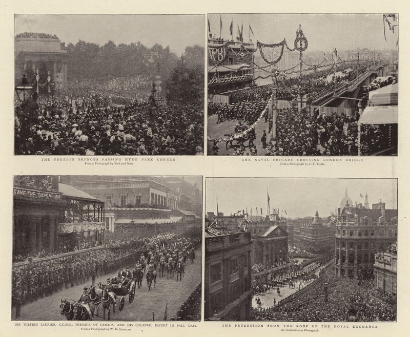 Os Príncipes Estrangeiros passando pelo Hyde Park Corner, Sir Wilfrid Laurier, GCMG, Premier do Canadá, e Colonial Escort em Pall Mall, a Brigada Naval cruzando a Ponte de Londres, a Procissão do Telhado do de English Photographer