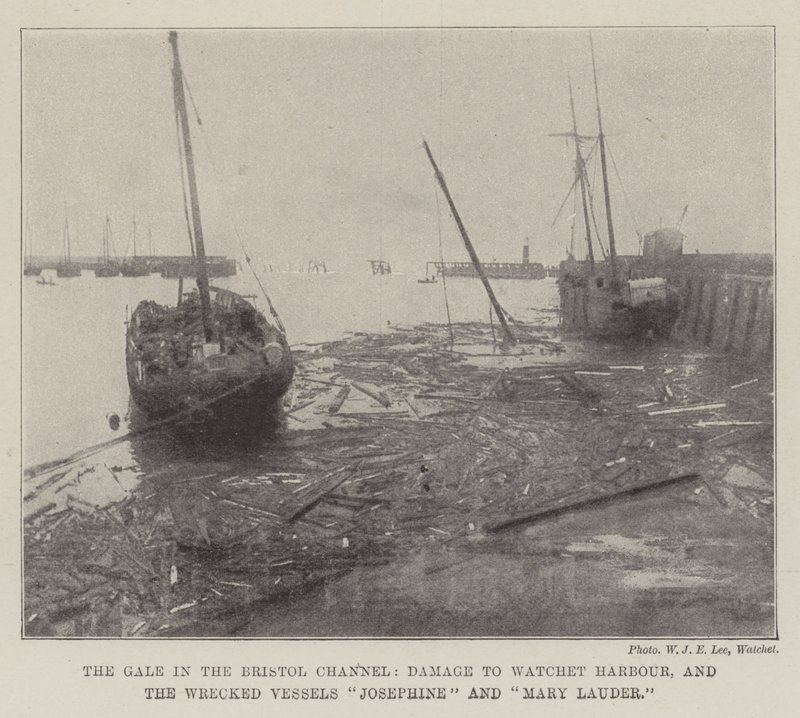 O vendaval no canal de Bristol, danos ao porto de observação, e os navios naufragados Josephine e Mary Lauder de English Photographer