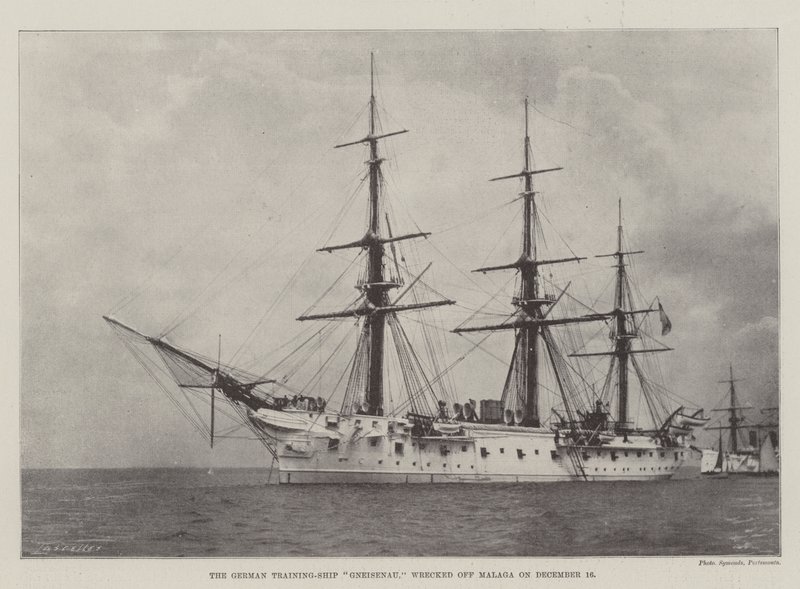 O navio de treinamento alemão Gneisenau, naufragado fora de Málaga em 16 de dezembro de English Photographer