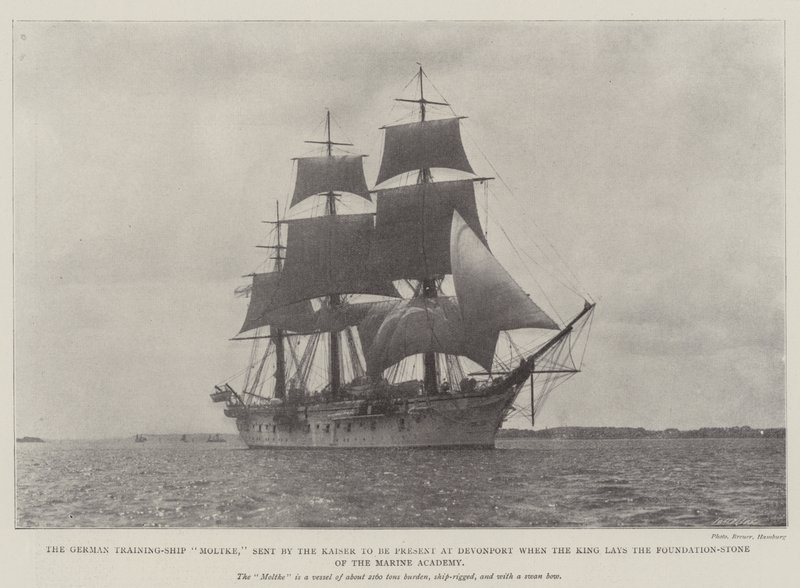 O navio de treinamento alemão Moltke, enviado pelo Kaiser para estar presente em Devonport quando o rei põe a pedra fundamental da Academia da Marinha de English Photographer