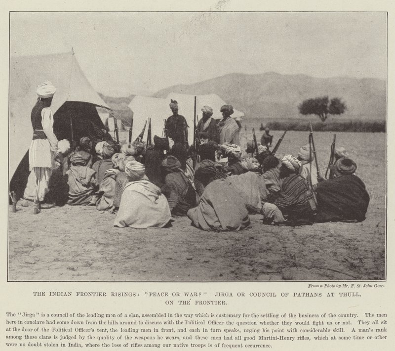 A fronteira indiana Risings, paz ou guerra Jirga ou Conselho de Pathans em Thull, na fronteira de English Photographer