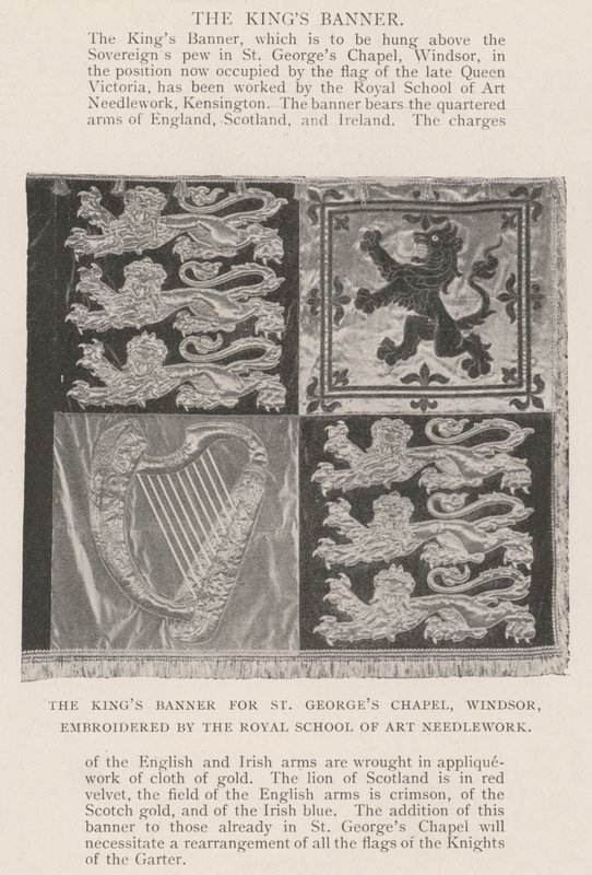 A bandeira dos reis para a capela de St Georges, Windsor, bordada pela escola real da arte Needlework de English Photographer