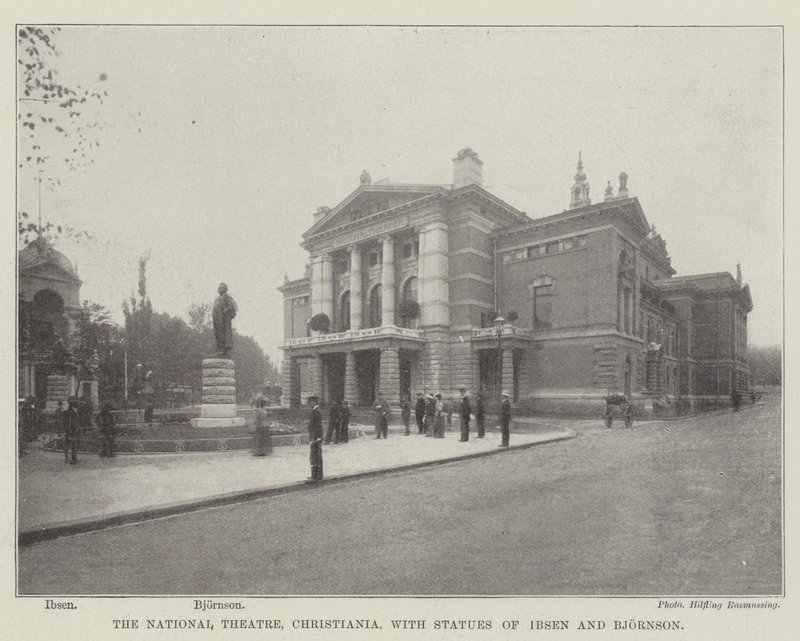 O Teatro Nacional, Christiania, com estátuas de Ibsen e Bjornson de English Photographer