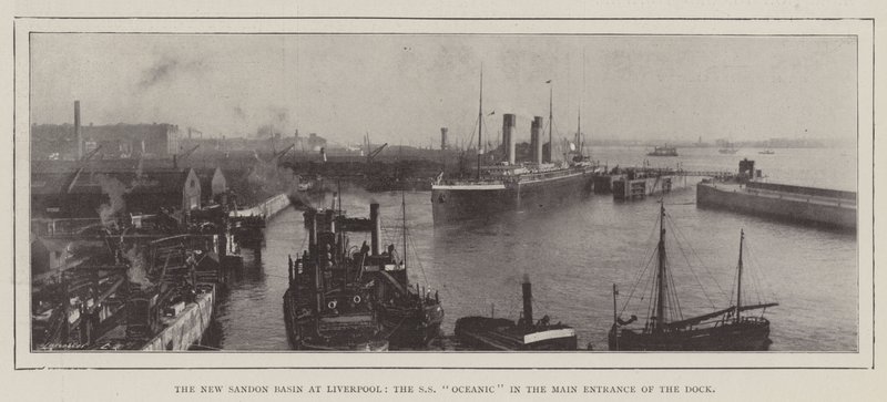 A Nova Bacia de Sandon em Liverpool, a SS Oceanic na entrada principal do Dock de English Photographer