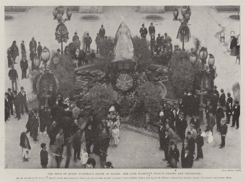 A notícia da morte da rainha Victorias em Malta, sua estátua de Majesty tarde drapeado e decorado de English Photographer