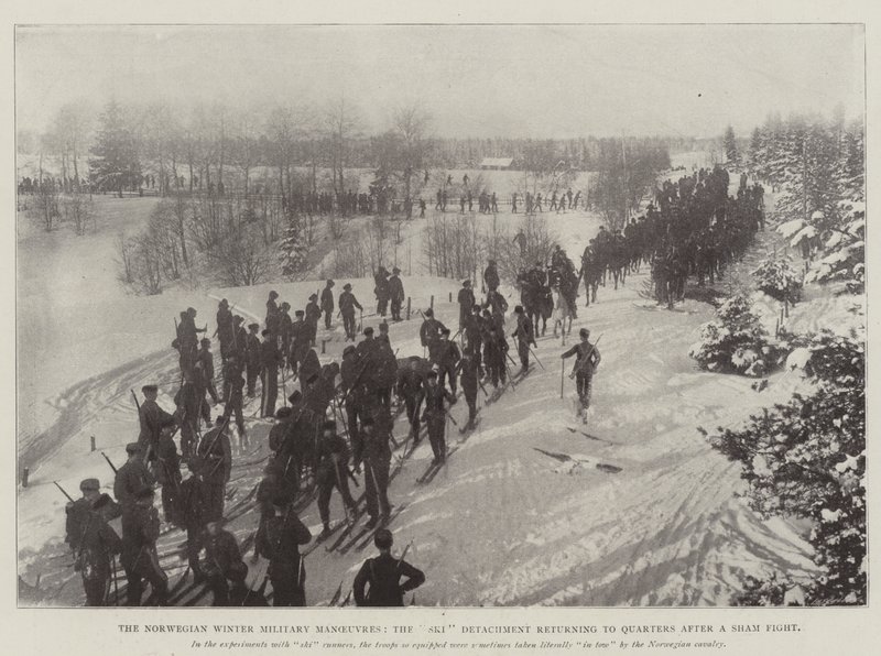 As manobras militares de inverno norueguesas, o destacamento de esqui retornando a Quarters após uma luta Sham de English Photographer