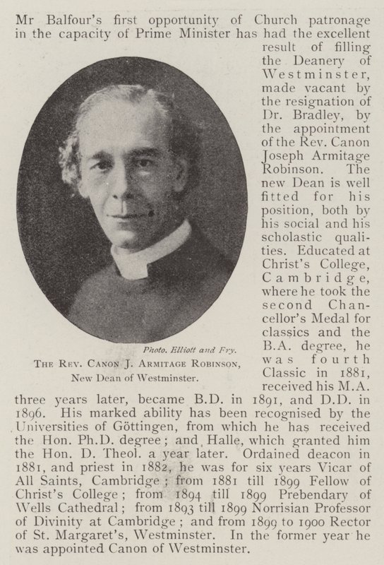 O reverendo Canon J Armitage Robinson, novo reitor de Westminster de English Photographer