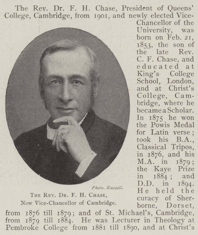 O reverendo Dr. FH Chase, novo vice-chanceler de Cambridge de English Photographer
