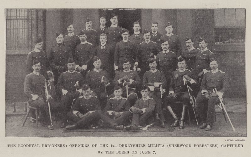 Os prisioneiros do Roodeval, oficiais da 4ª Milícia de Derbyshire (Sherwood Foresters) capturados pelos Boers em 7 de junho de English Photographer