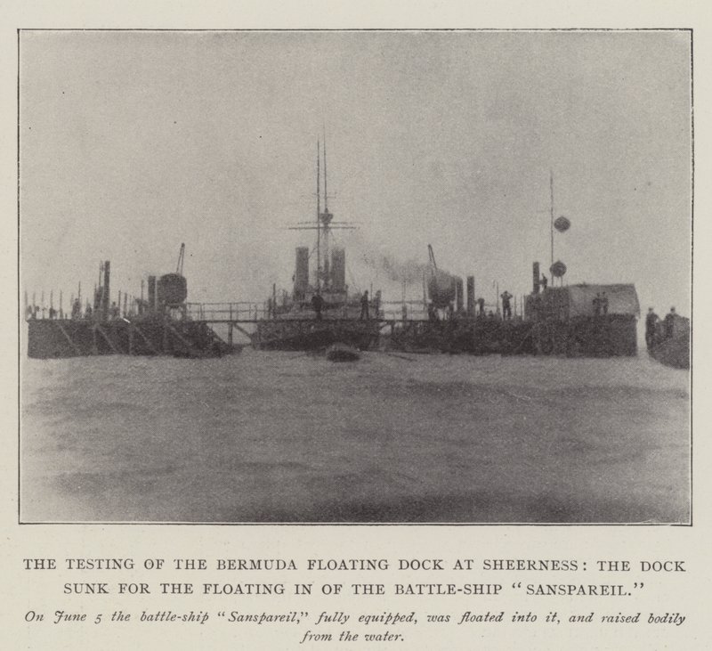 O Teste da Doca Flutuante das Bermudas em Sheerness, o Dique afundado para a Flutuação do Navio de Batalha de Sanspareil de English Photographer