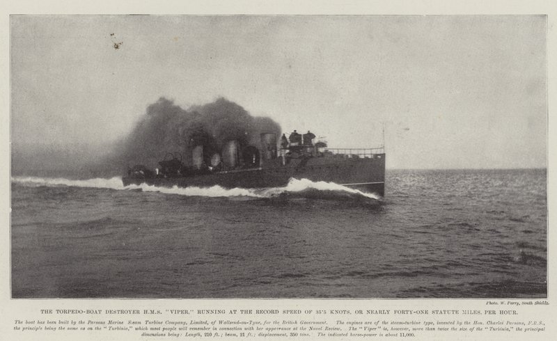 O Destruidor de Torpedeiros HMS Viper, com velocidade de 35,5 nós, ou quase quarenta e um quilômetros, por hora de English Photographer