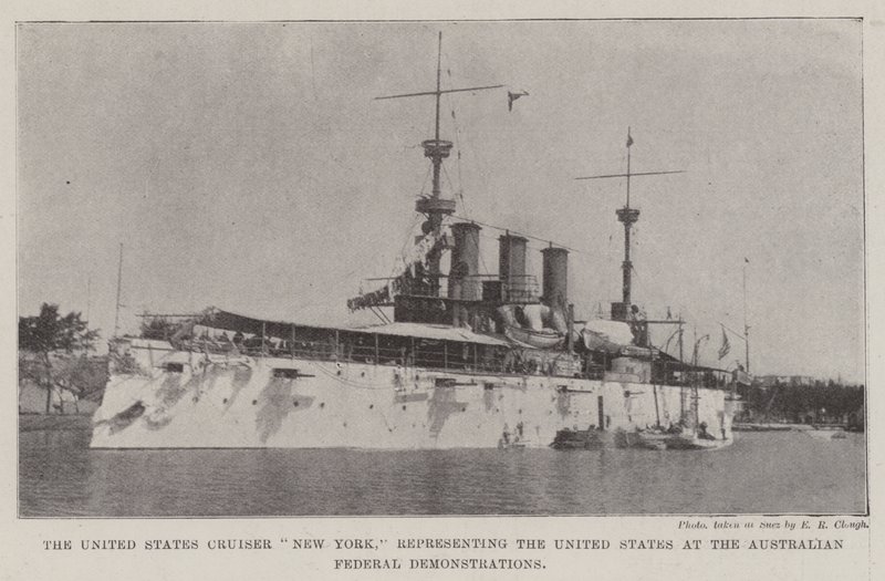 Os Estados Unidos Cruiser New York, representando os Estados Unidos nas manifestações federais australianas de English Photographer