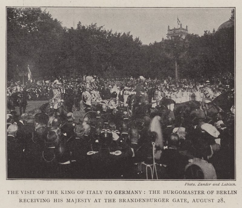 A Visita do Rei da Itália à Alemanha, o burgomestre de Berlim recebendo Sua Majestade no Portão de Brandemburgo, em 28 de agosto de English Photographer