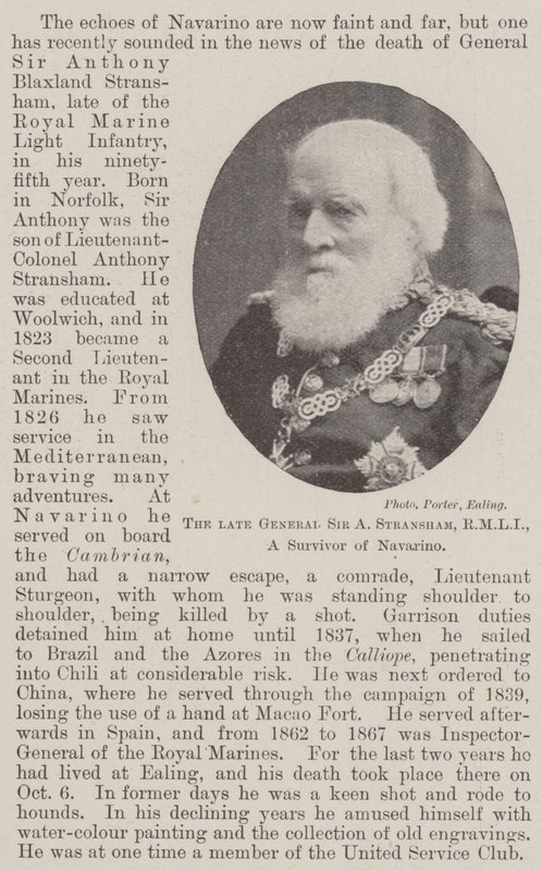 O falecido general Sir A Stransham, RMLI, um sobrevivente de Navarino de English Photographer