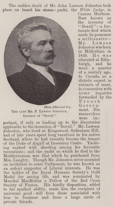 O falecido Sr. J Lawson Johnston, inventor do Bovril de English Photographer