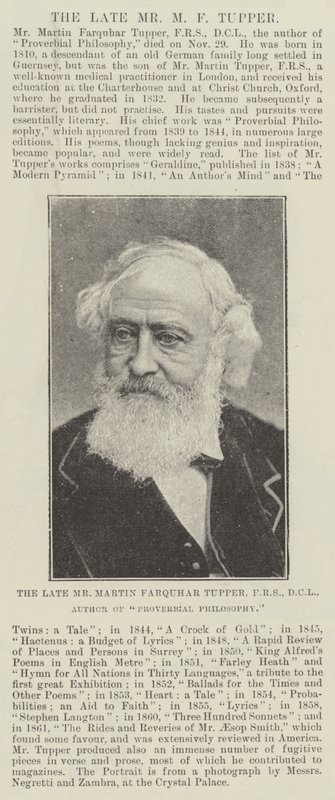 O falecido Sr. Martin Farquhar Tupper, FRS, DCL, Autor de Filosofia Proverbial de English Photographer