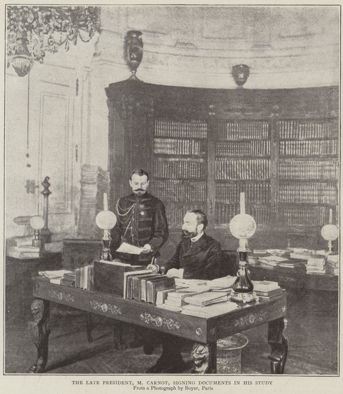 O falecido Presidente, Sr. Carnot, assinando documentos em seu estudo de English Photographer