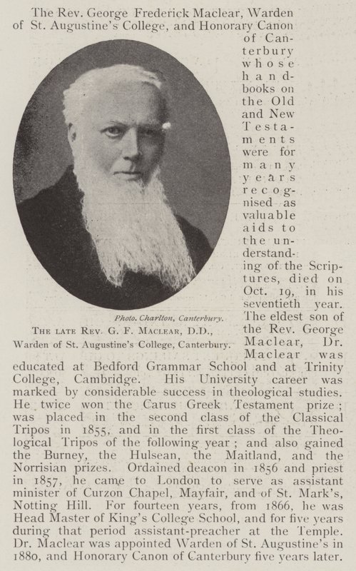 O falecido reverendo GF Maclear, DD, diretor do St. Augustines College, Canterbury de English Photographer
