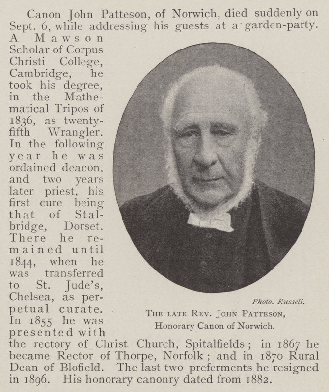 O falecido reverendo John Patteson, honrado Canon de Norwich de English Photographer