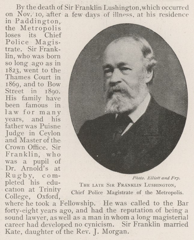 O falecido Sir Franklin Lushington, magistrado chefe da polícia da metrópole de English Photographer