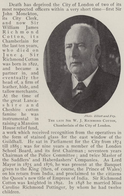 O falecido Sir WJ Richmond Cotton, Chamberlain da cidade de Londres de English Photographer