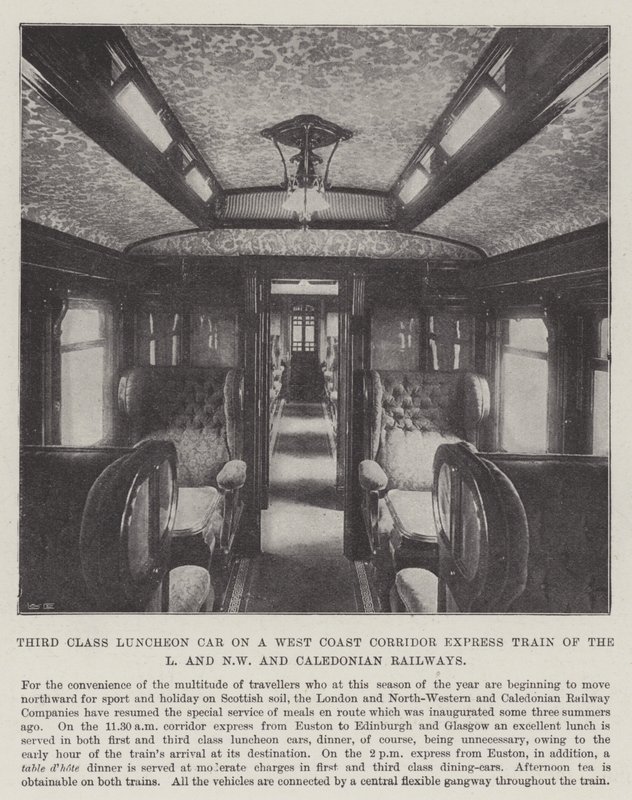 Carro de Almoço de Terceira Classe em um Trem Expresso do Corredor da Costa Oeste das Estradas de Ferro L e NW e Caledônia de English Photographer