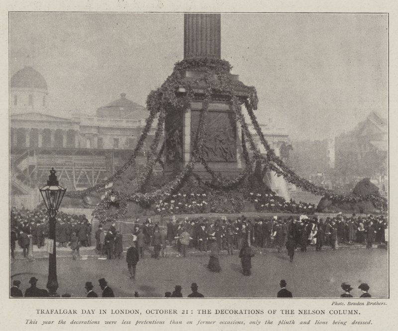 Trafalgar Day em Londres, 21 de outubro, as Decorações da Coluna de Nelson de English Photographer