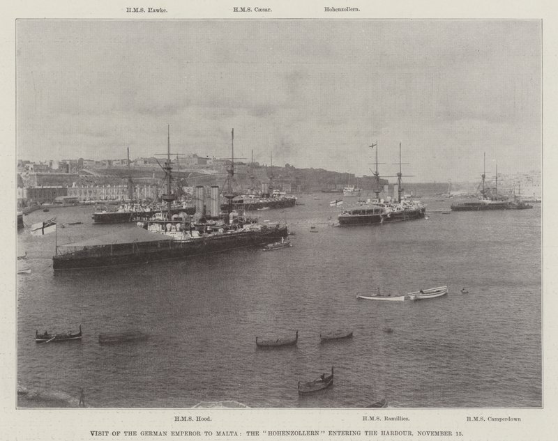 Visita do imperador alemão a Malta, o Hohenzollern entrando no porto, 15 de novembro de 1898 de English Photographer