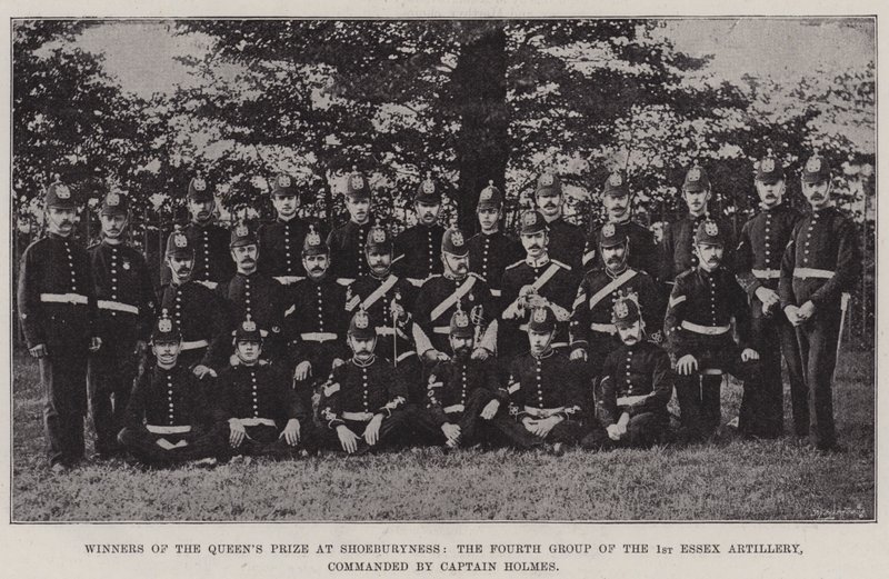 Vencedores do Prêmio Queens em Shoeburyness, o quarto grupo da 1ª Artilharia de Essex, comandada pelo Capitão Holmes de English Photographer