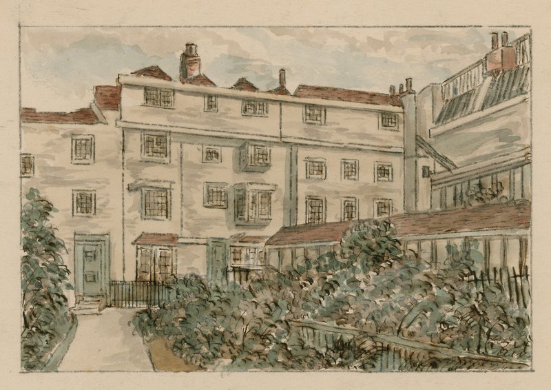 13-15 Nevills Court, Fetter Lane, Holborn, de um esboço em 1900 (wc no papel) de English School