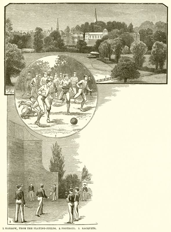1. Harrow, dos campos de jogo. 2. Futebol. 3. Raquetes de English School