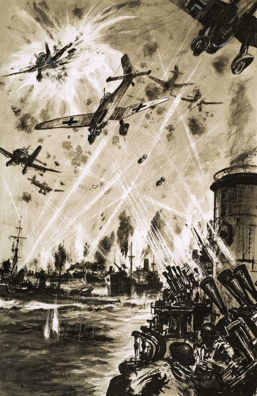Um comboio britânico na Segunda Guerra Mundial sob ataque do alemão Stukas de English School