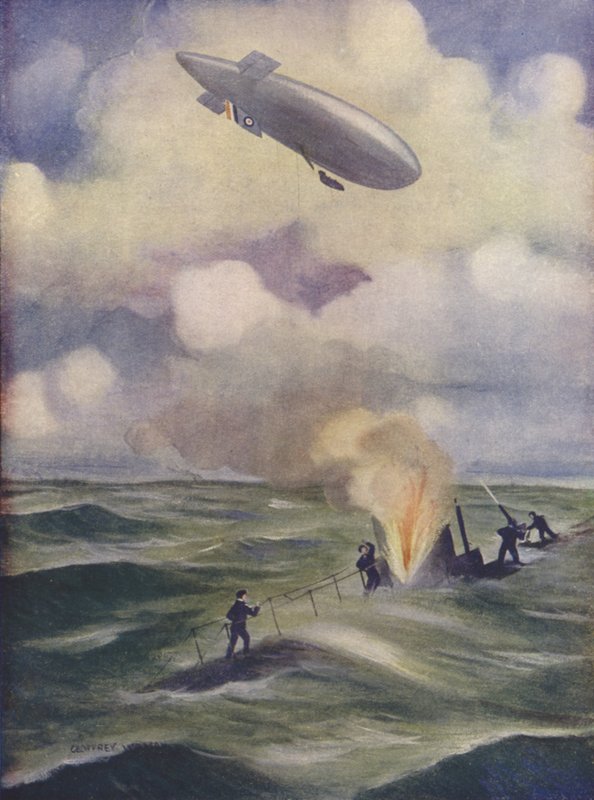 Um dirigível naval britânico bombardeando um submarino de English School