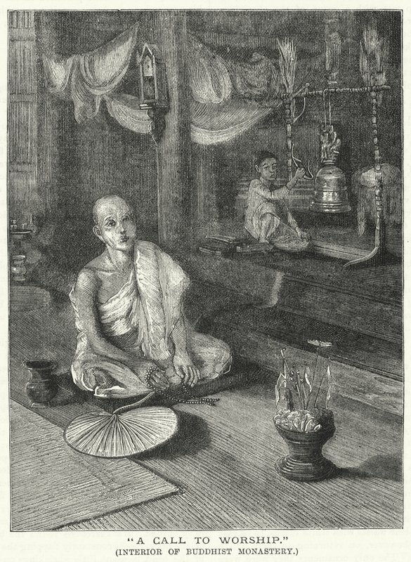 "Um Chamado à Adoração", Interior do Mosteiro Budista (gravura) de English School