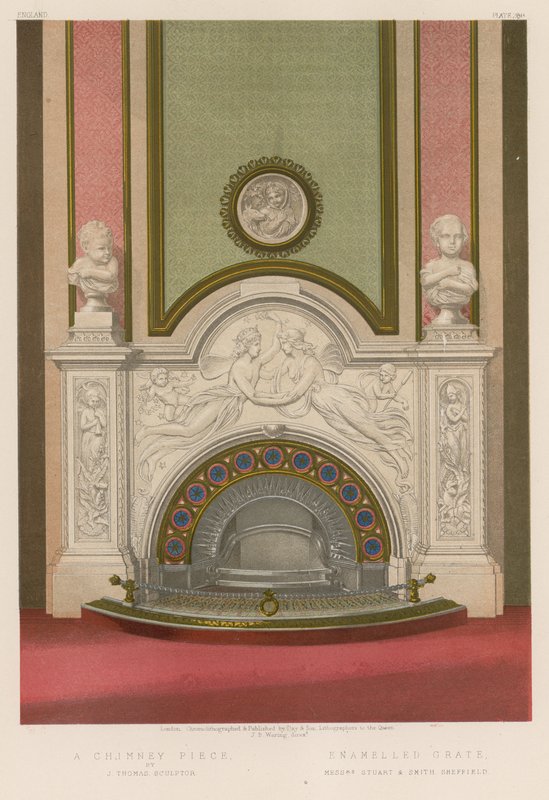 Um pedaço de chaminé por J Thomas, escultor; Grelha Esmaltada, Srs. Stuart e Smith Sheffield de English School