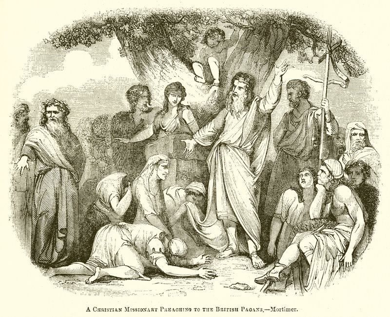 Um missionário cristão pregando aos pagãos britânicos. de English School