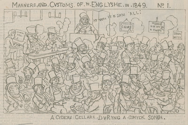 Uma adega de cidra durante uma canção cômica de English School