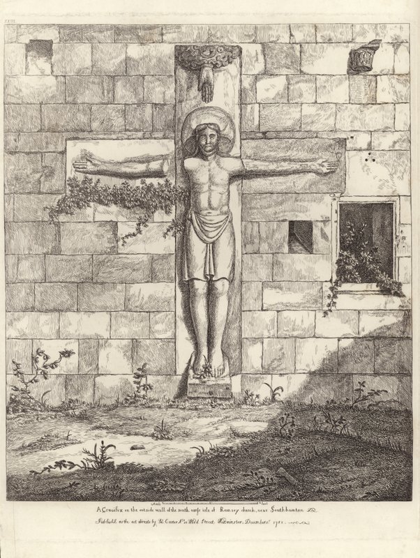 Um crucifixo na parede exterior do corredor da Cruz do Sul da Igreja de Rumsey de English School