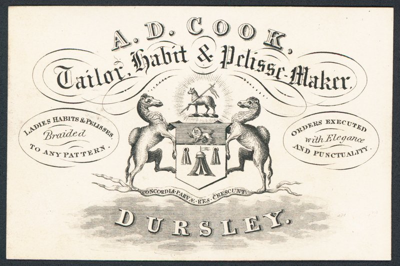 AD Cook, alfaiate, fabricante de hábitos e peles, cartão comercial de English School