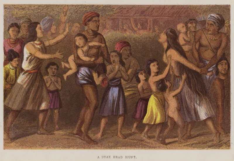 Uma caça à cabeça de Dyak (cor litho) de English School
