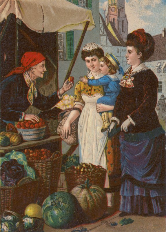 Um mercado de frutas francês (lito colorido) de English School