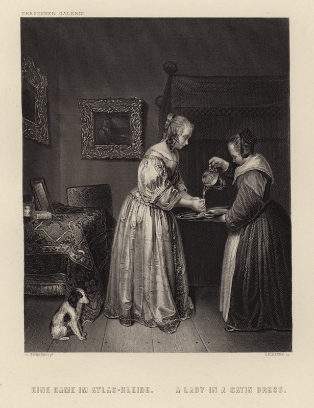 Uma senhora em um vestido de cetim de English School