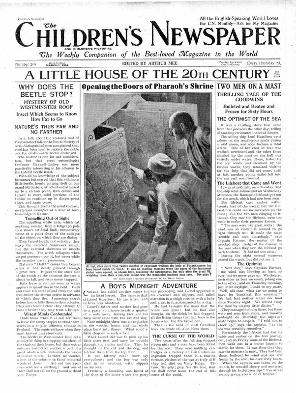 Uma pequena casa do século XX, primeira página do &39;The Children&39;s Newspaper&39;, março de 1924 (papel de jornal) de English School