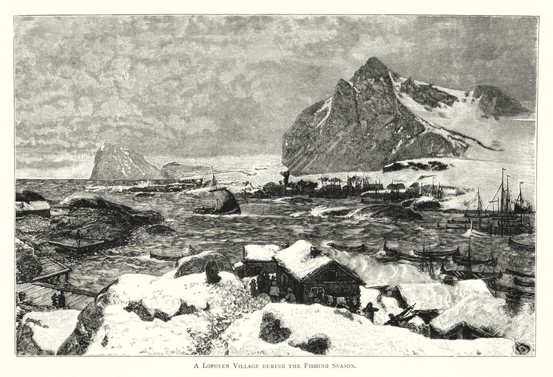 Uma aldeia Lofoten durante a época de pesca (gravura) de English School