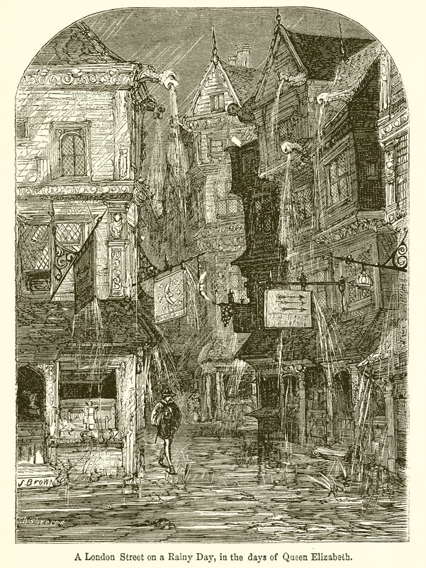 Uma rua de Londres em um dia chuvoso, nos dias da rainha Elizabeth de English School