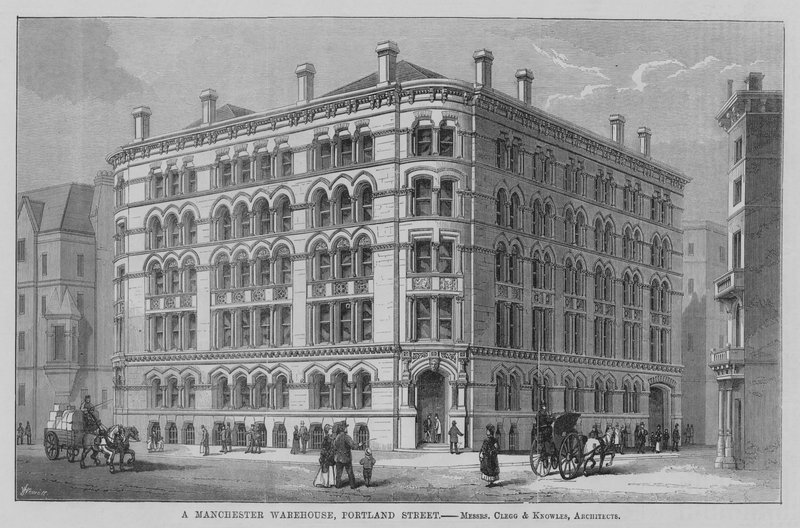 A Manchester Warehouse, Portland Street , Messrs Clegg e Knowles, Architects. Ilustração para The Builder de English School
