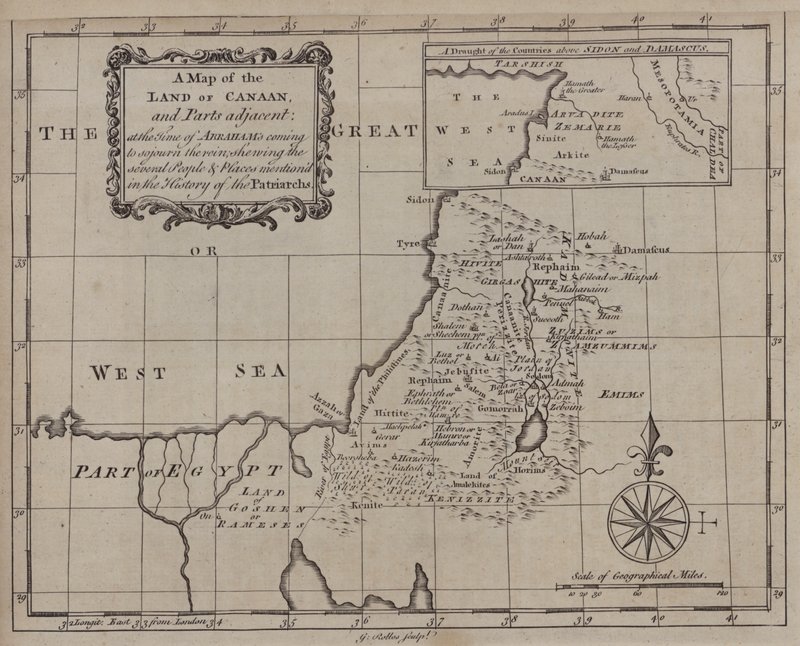 Mapa da Terra de Canaã, e partes adjacentes, no tempo em que Abraão veio habitar a terra, mostrando os vários povos e lugares mencionados na História dos Patriarcas (gravura) de English School